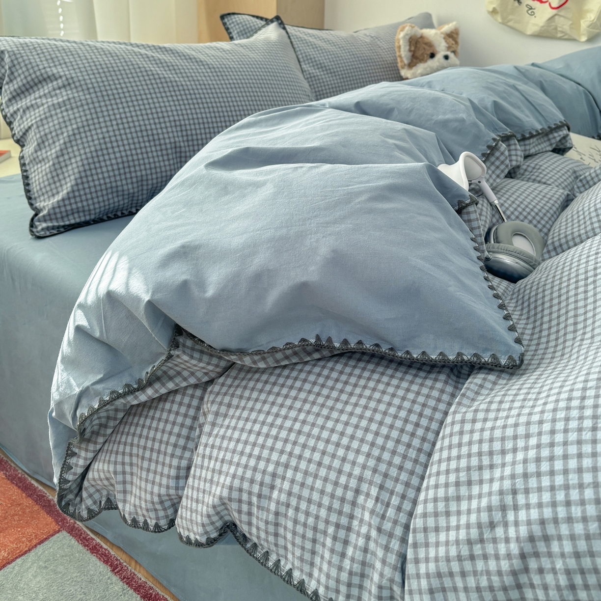 雅居纺家纺 2026新款全棉色织水洗棉贝壳边四件套 贝壳边-雾蓝格