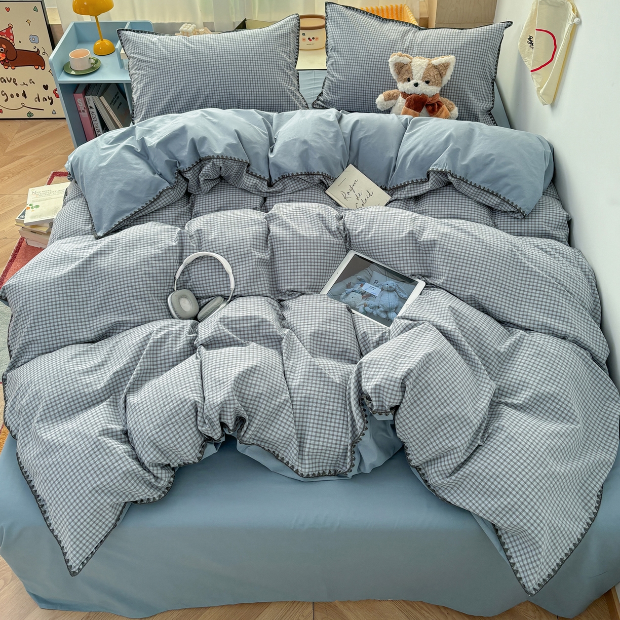 91家纺网 家纺一手货源 找家纺 雅居纺家纺 2026新款全棉色织水洗棉贝壳边四件套 贝壳边-雾蓝格