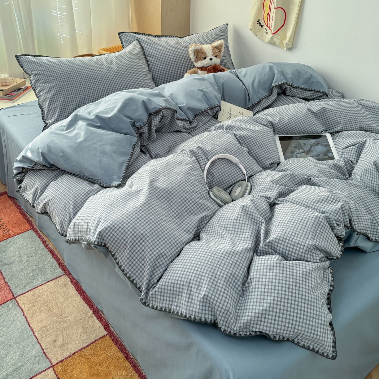 91家纺网 家纺一手货源 找家纺 雅居纺家纺 2026新款全棉色织水洗棉贝壳边四件套 贝壳边-雾蓝格