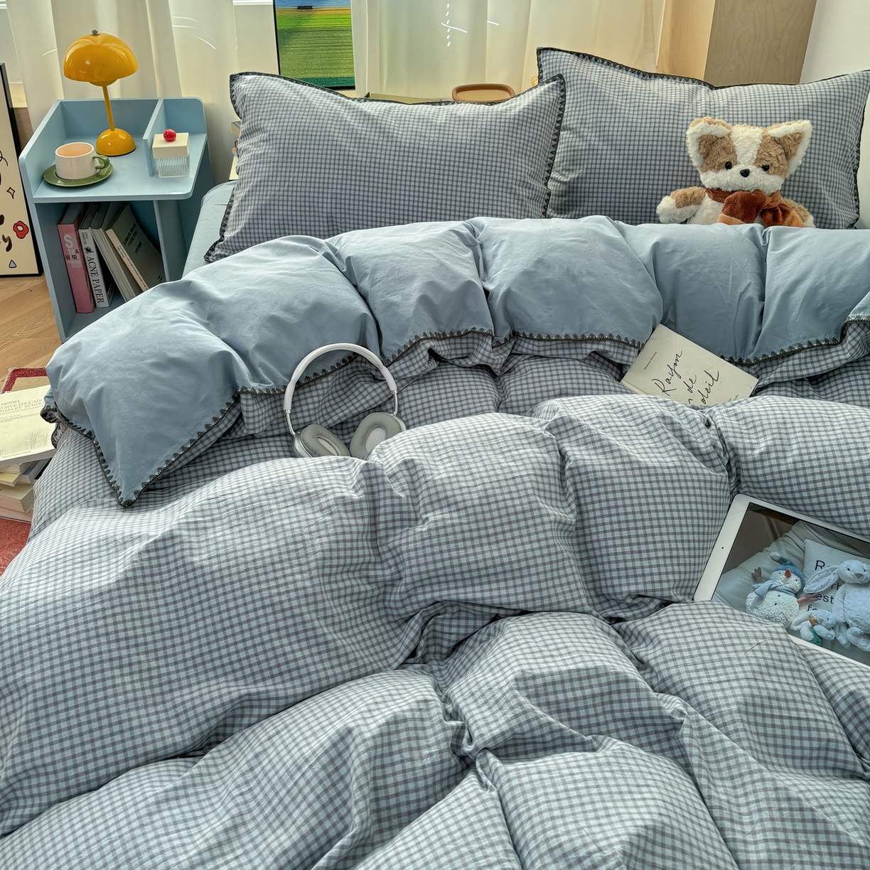 91家纺网 家纺一手货源 找家纺 雅居纺家纺 2026新款全棉色织水洗棉贝壳边四件套 贝壳边-雾蓝格