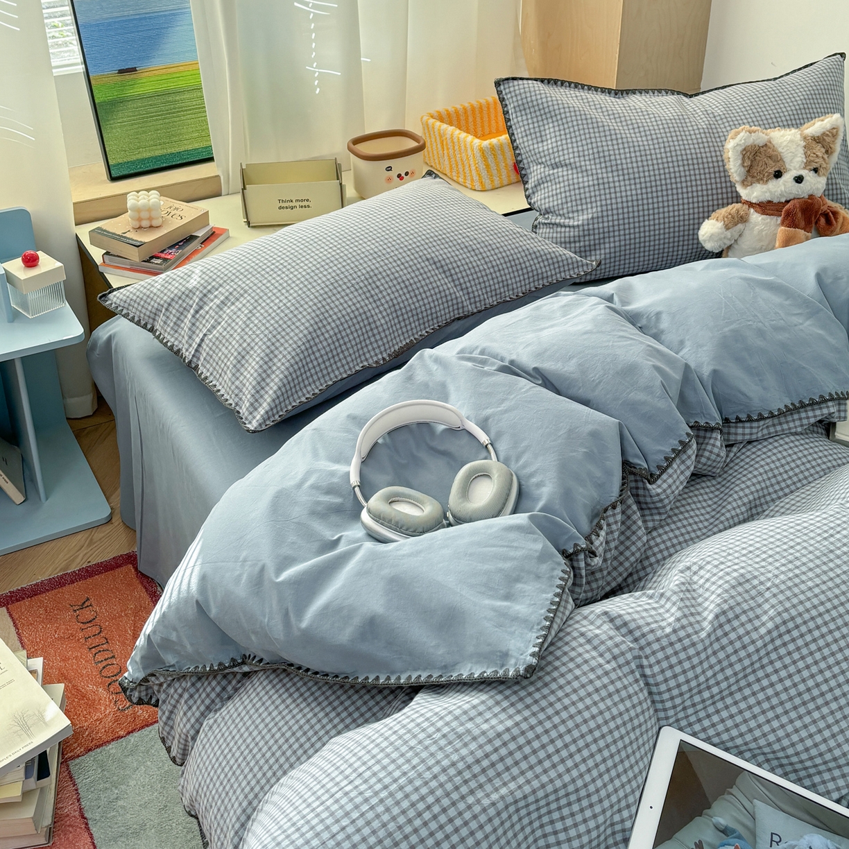 91家纺网 家纺一手货源 找家纺 雅居纺家纺 2026新款全棉色织水洗棉贝壳边四件套 贝壳边-雾蓝格