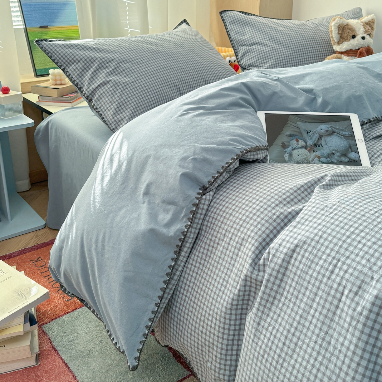 91家纺网 家纺一手货源 找家纺 雅居纺家纺 2026新款全棉色织水洗棉贝壳边四件套 贝壳边-雾蓝格