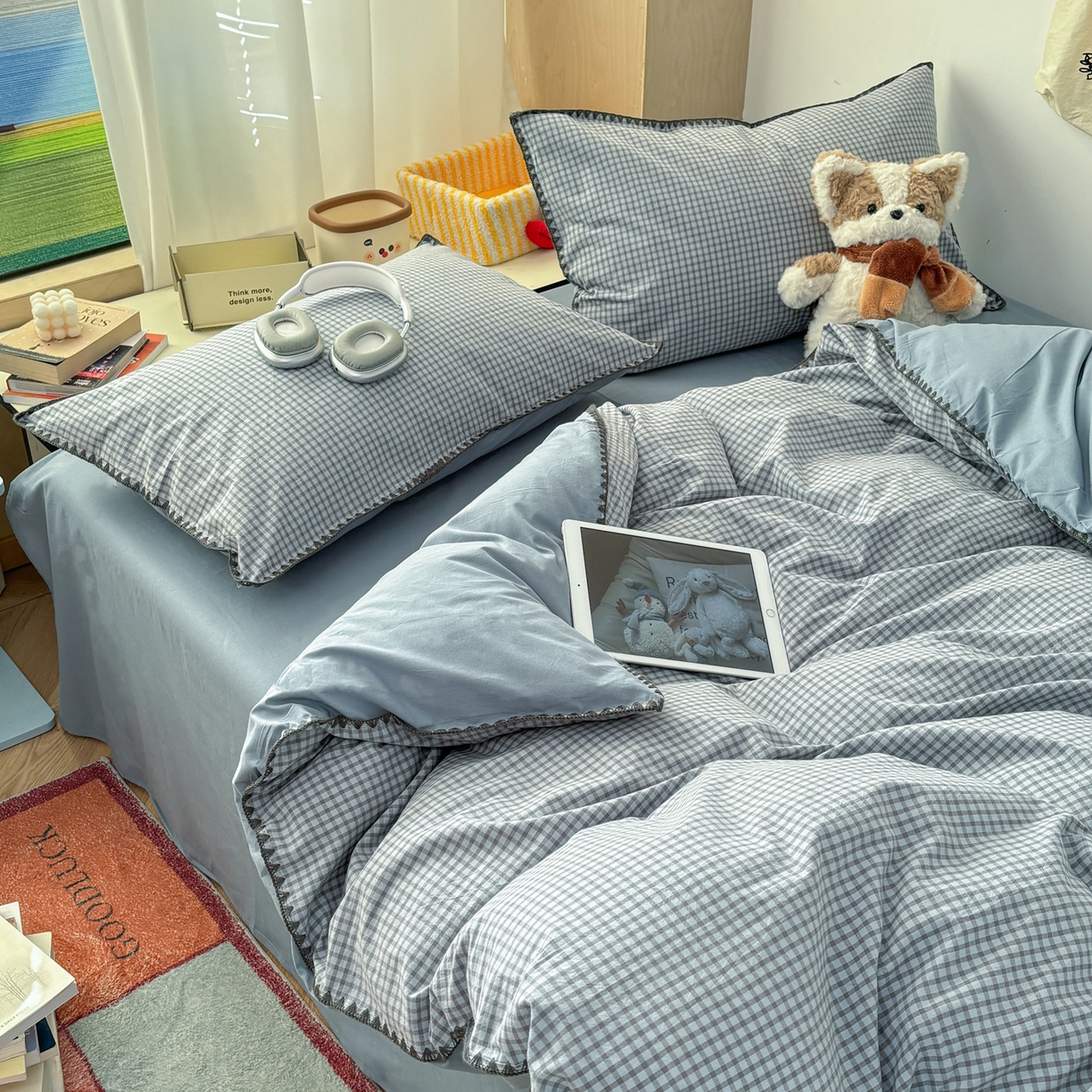 91家纺网 家纺一手货源 找家纺 雅居纺家纺 2026新款全棉色织水洗棉贝壳边四件套 贝壳边-雾蓝格