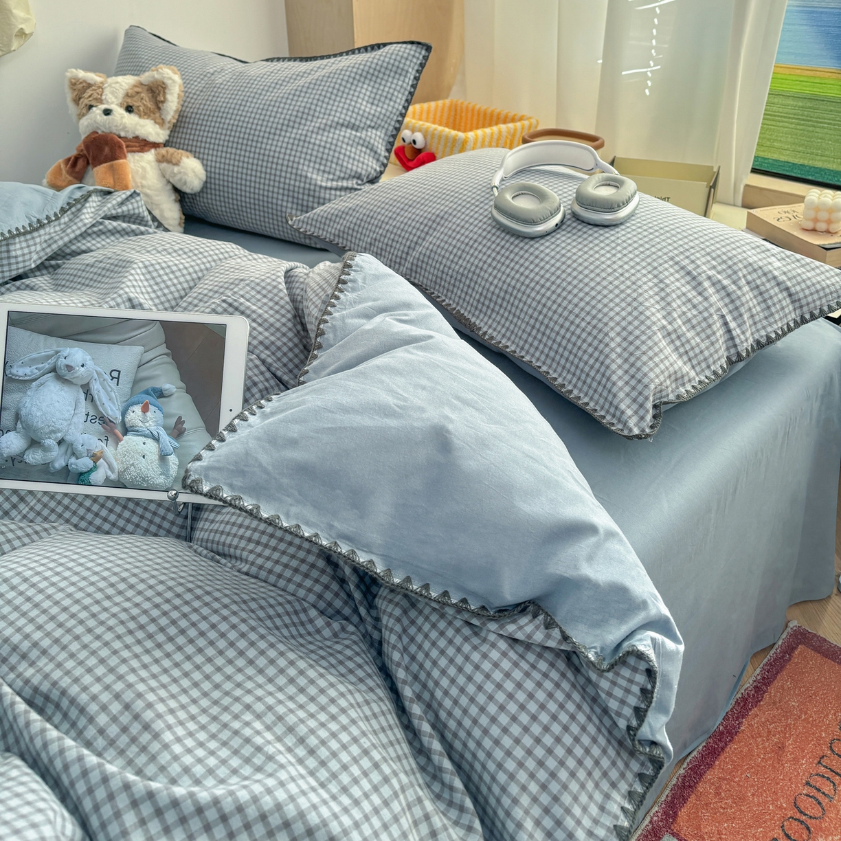 91家纺网 家纺一手货源 找家纺 雅居纺家纺 2026新款全棉色织水洗棉贝壳边四件套 贝壳边-雾蓝格