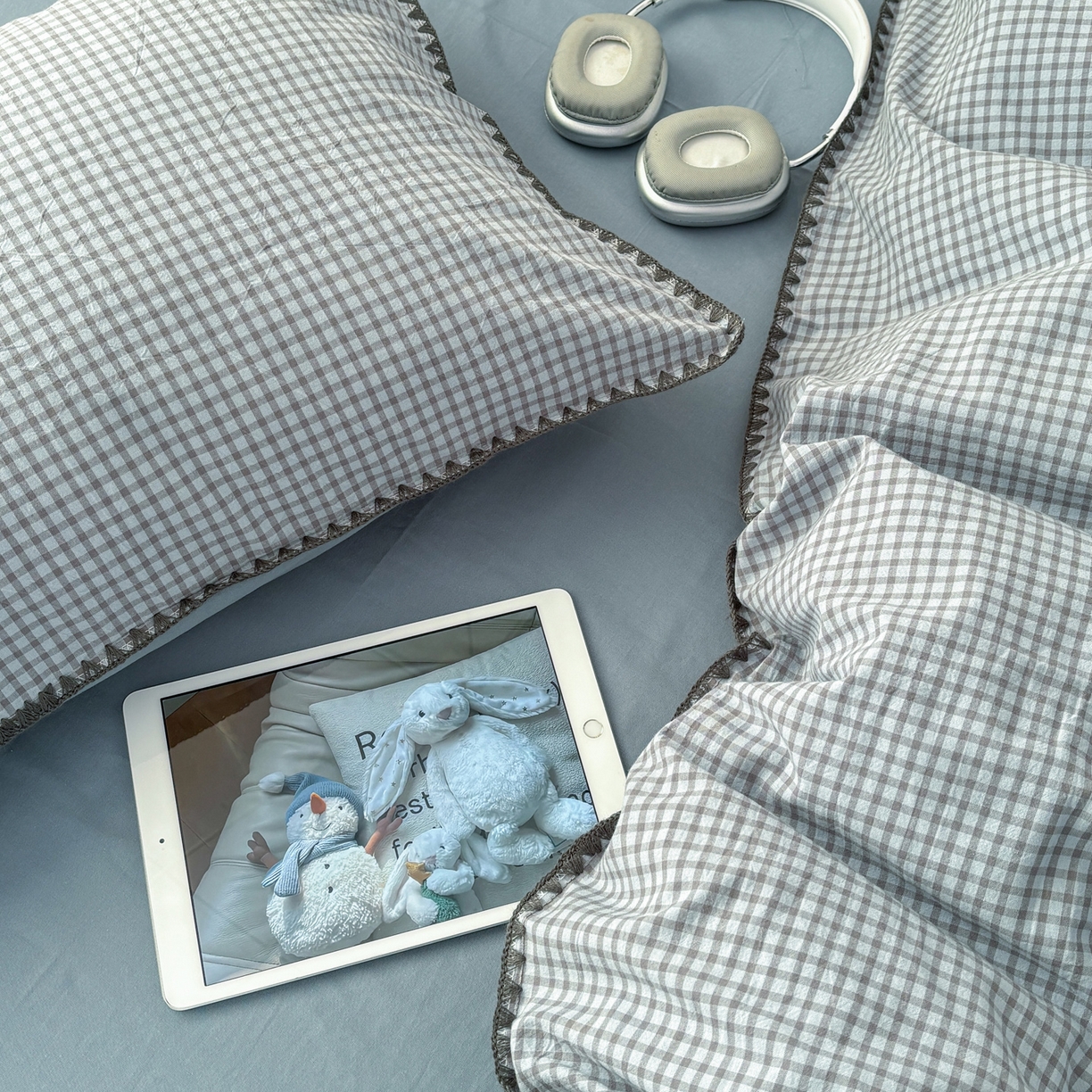 91家纺网 家纺一手货源 找家纺 雅居纺家纺 2026新款全棉色织水洗棉贝壳边四件套 贝壳边-雾蓝格