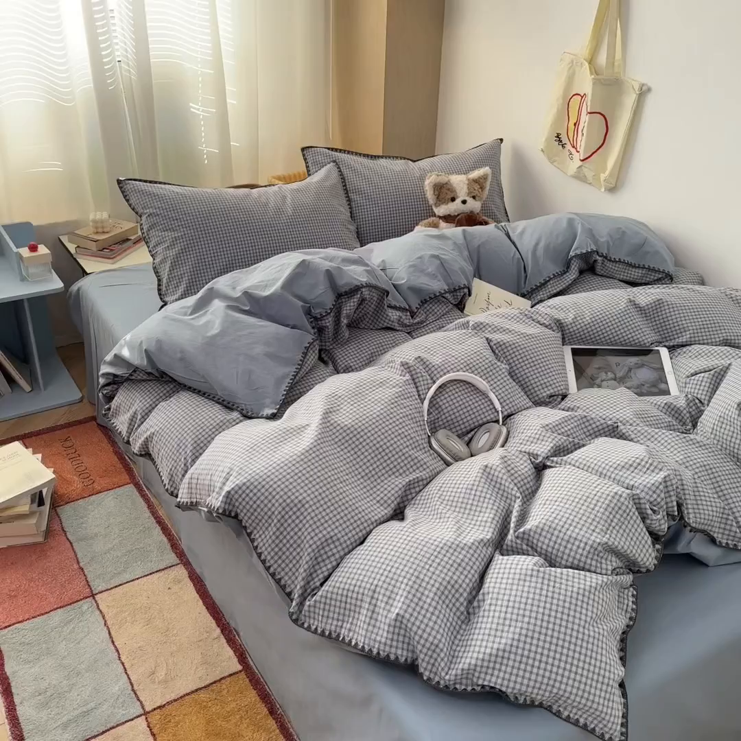 91家纺网 家纺一手货源 找家纺 雅居纺家纺 2026新款全棉色织水洗棉贝壳边四件套 贝壳边-雾蓝格