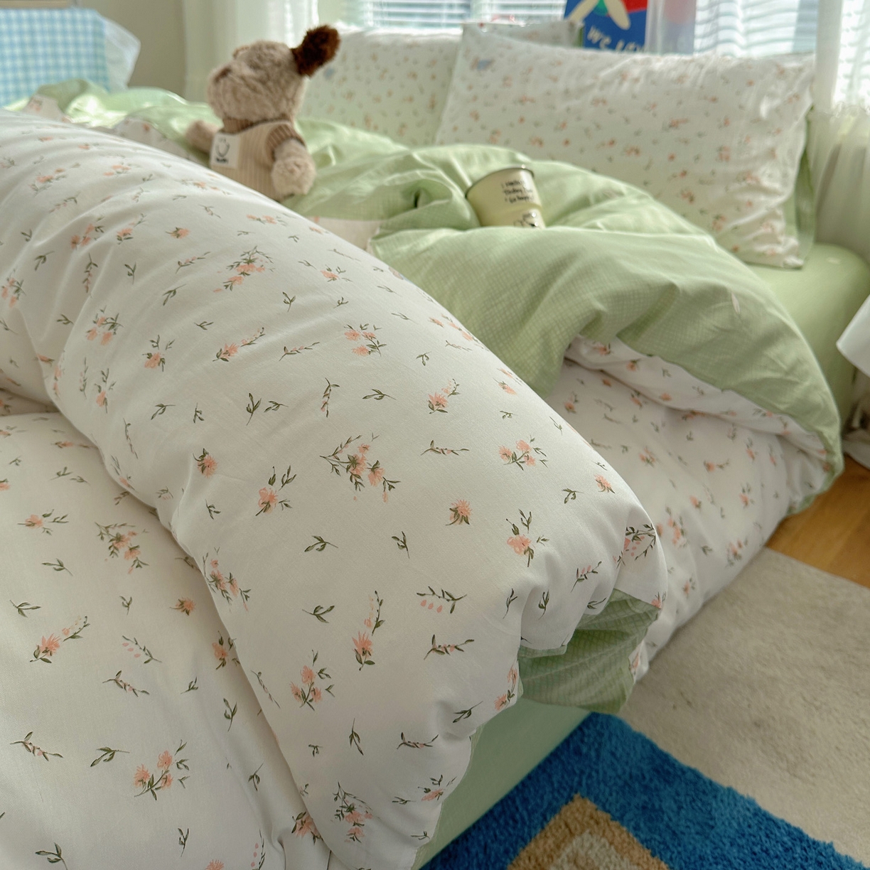 雅居纺家纺 2026新款全棉小清新印花四件套 绿色小兔