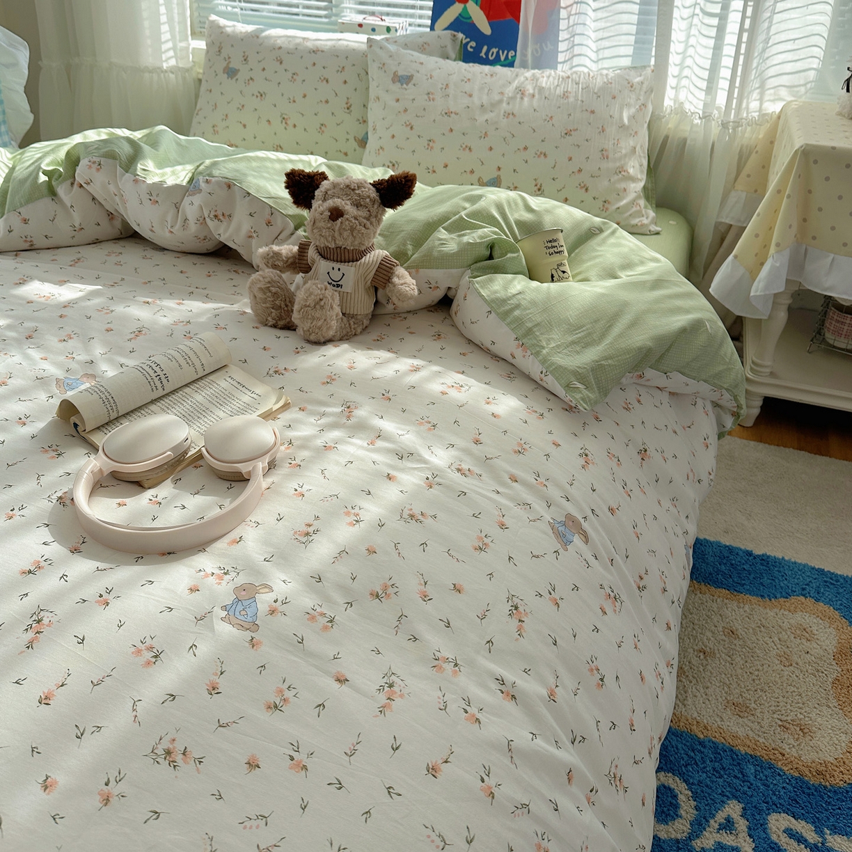 91家纺网 家纺一手货源 找家纺 雅居纺家纺 2026新款全棉小清新印花四件套 绿色小兔