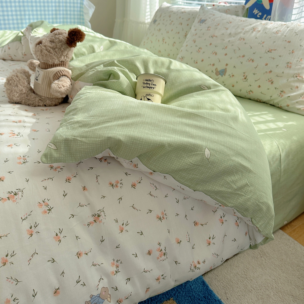 91家纺网 家纺一手货源 找家纺 雅居纺家纺 2026新款全棉小清新印花四件套 绿色小兔