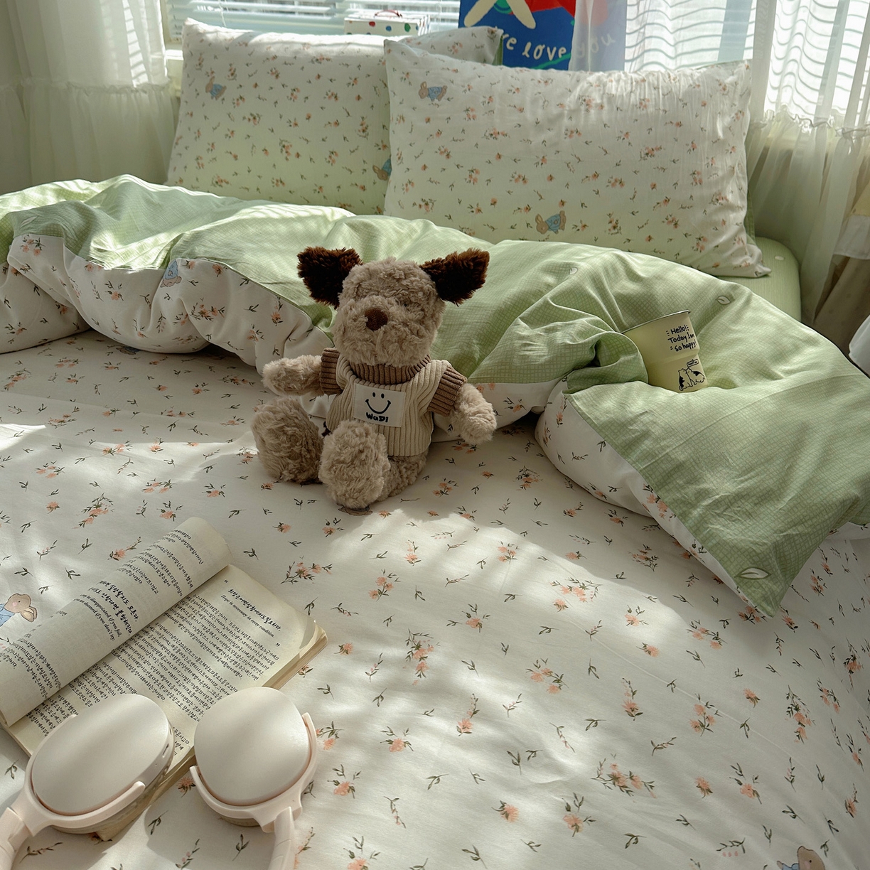 91家纺网 家纺一手货源 找家纺 雅居纺家纺 2026新款全棉小清新印花四件套 绿色小兔