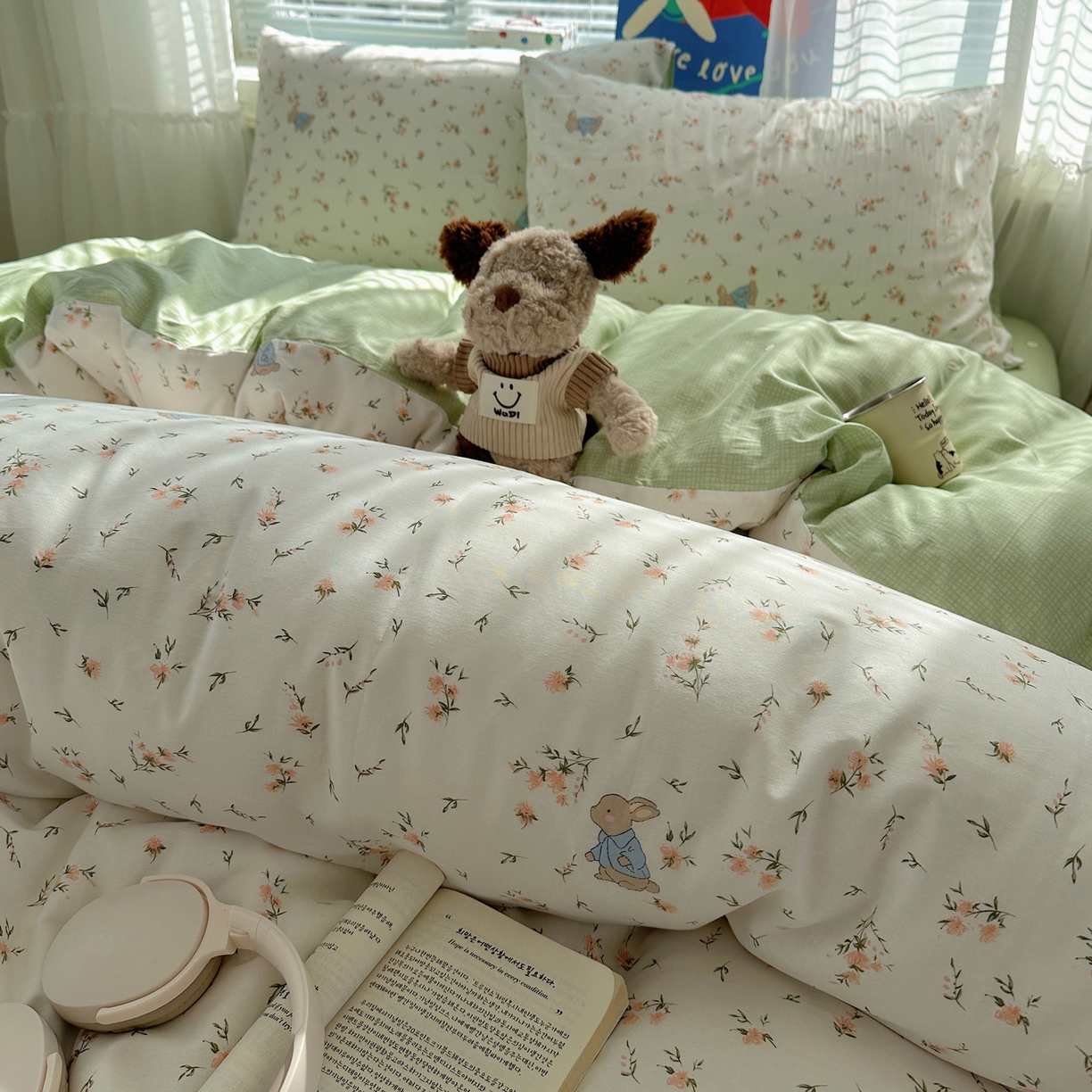 91家纺网 家纺一手货源 找家纺 雅居纺家纺 2026新款全棉小清新印花四件套 绿色小兔