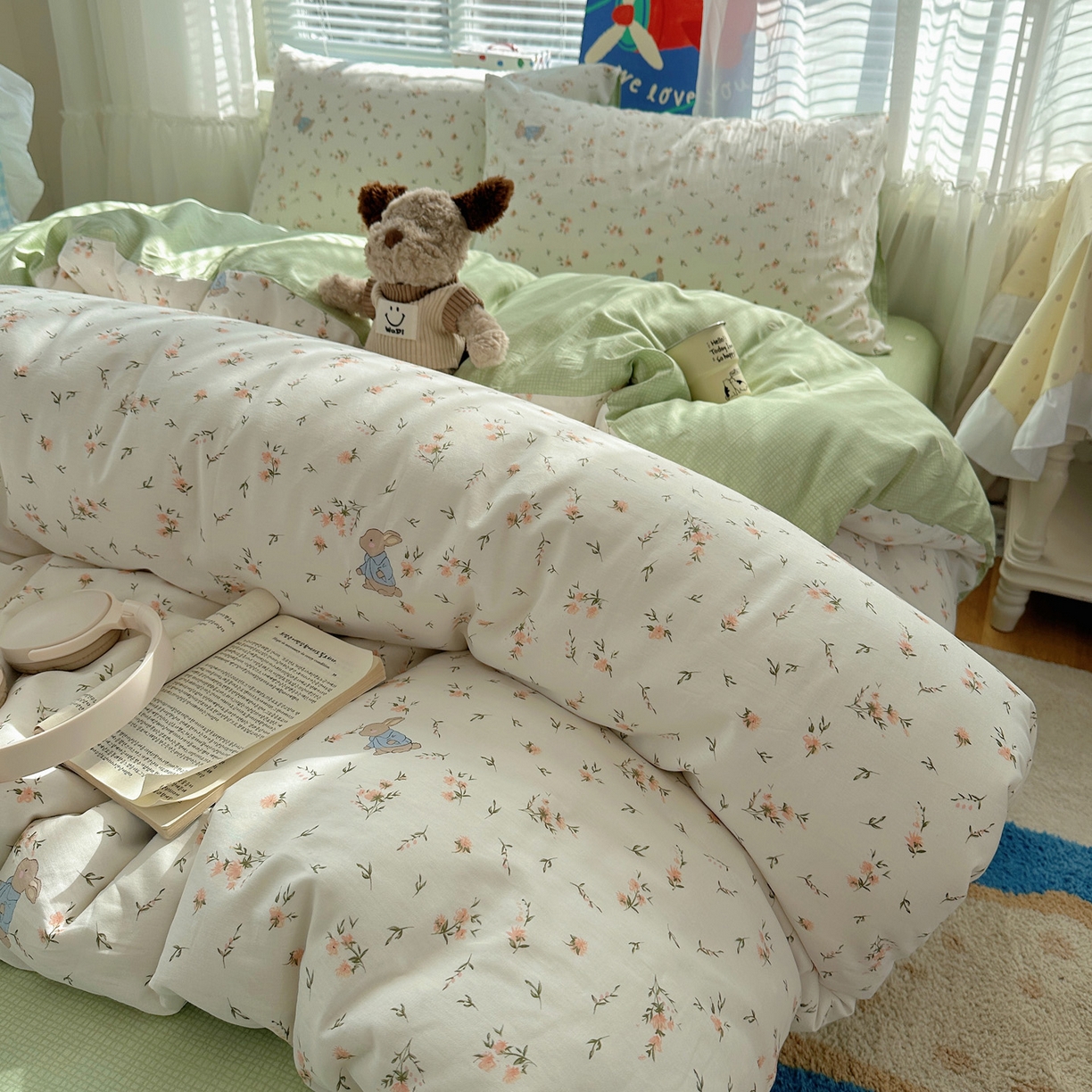 91家纺网 家纺一手货源 找家纺 雅居纺家纺 2026新款全棉小清新印花四件套 绿色小兔