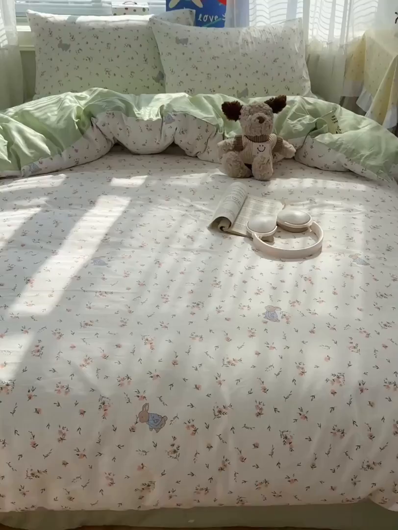 91家纺网 家纺一手货源 找家纺 雅居纺家纺 2026新款全棉小清新印花四件套 绿色小兔