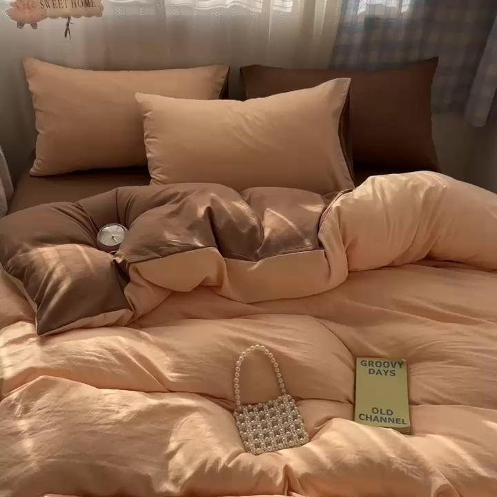 91家纺网 家纺一手货源 找家纺 雨帆家纺 2026新款素色双拼水洗棉混搭四件套 玉+咖