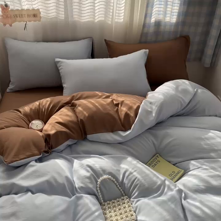 91家纺网 家纺一手货源 找家纺 雨帆家纺 2026新款素色双拼水洗棉混搭四件套 蓝+咖