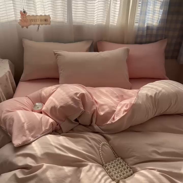 91家纺网 家纺一手货源 找家纺 雨帆家纺 2026新款素色双拼水洗棉混搭四件套 粉+玉