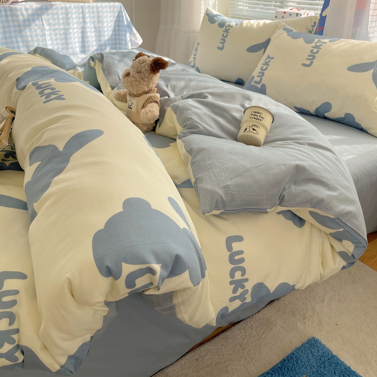 雅居纺家纺 2026新款全棉小清新印花四件套 幸福兔-蓝