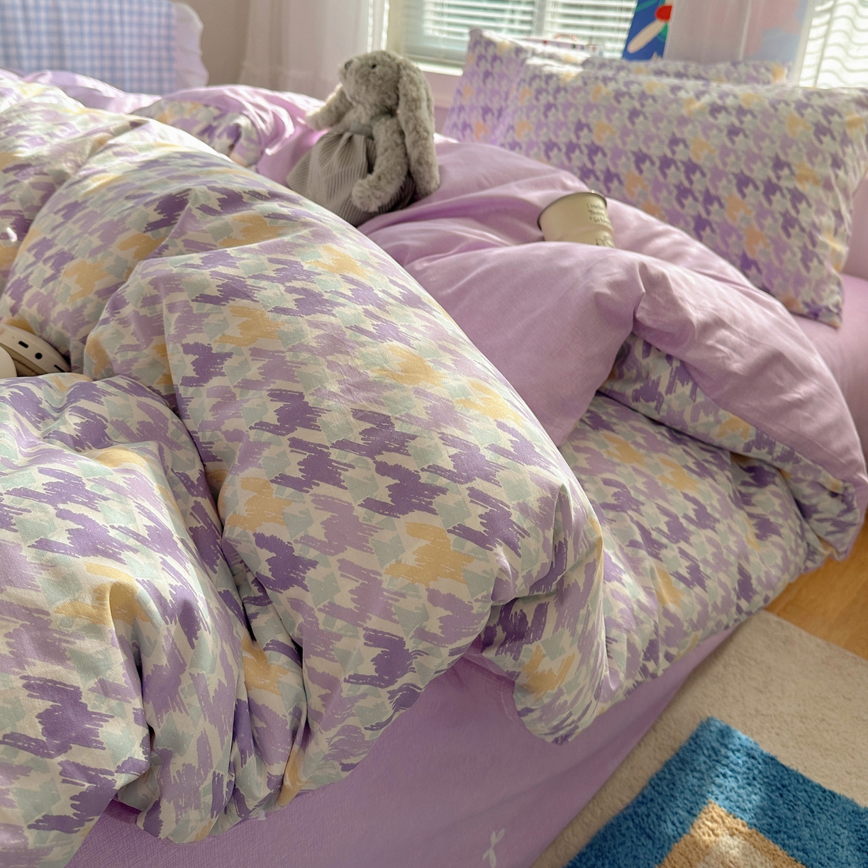 雅居纺家纺 2026新款全棉小清新印花四件套 紫色千鸟格