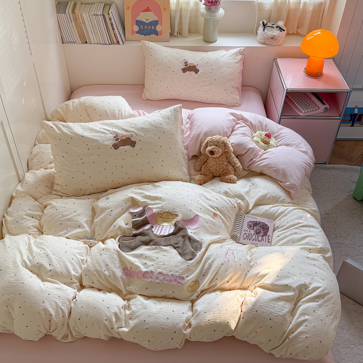 美乐迪家纺 2026新款贴布绣云感双层纱四件套 可爱小马