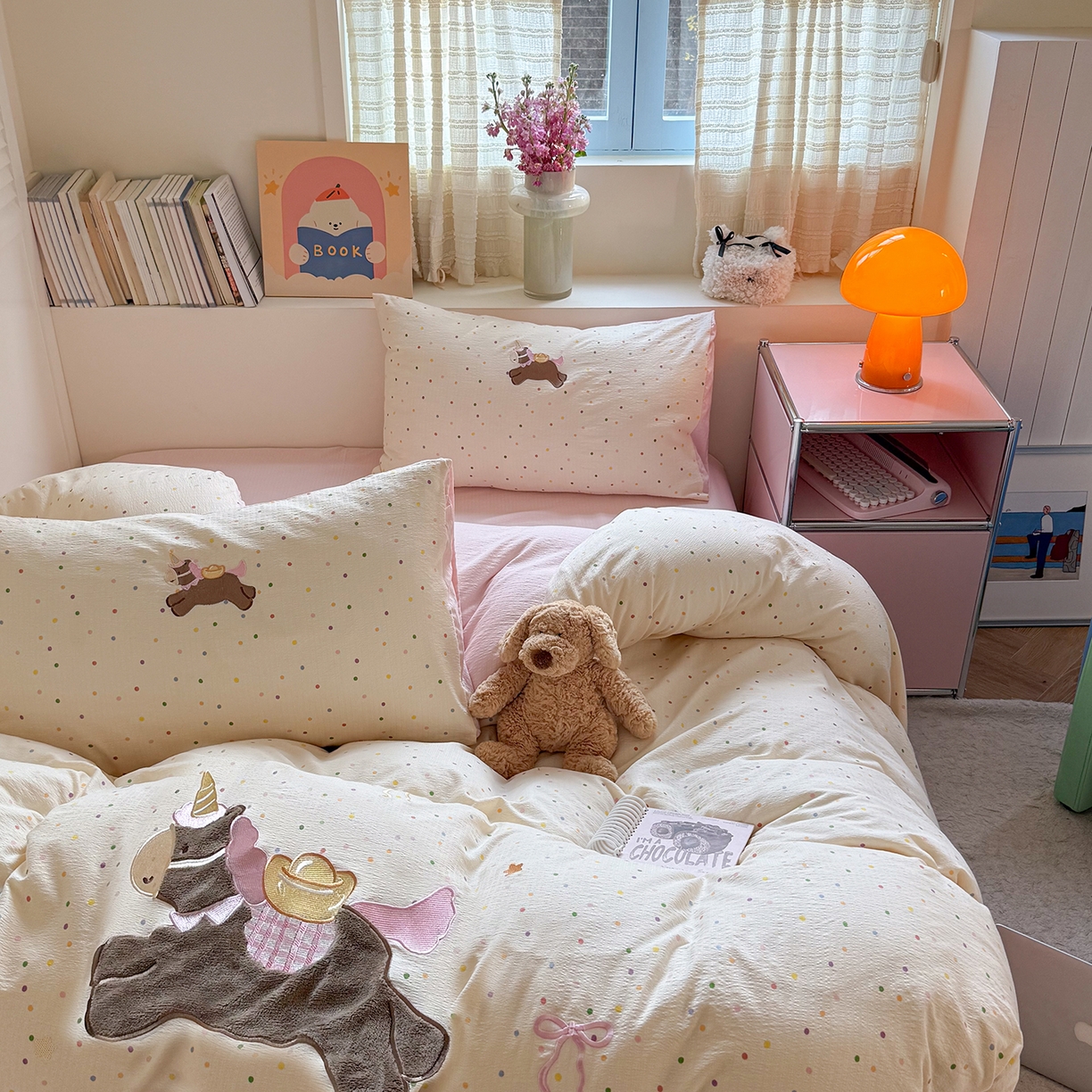 91家纺网 家纺一手货源 找家纺 美乐迪家纺 2026新款贴布绣云感双层纱四件套 可爱小马