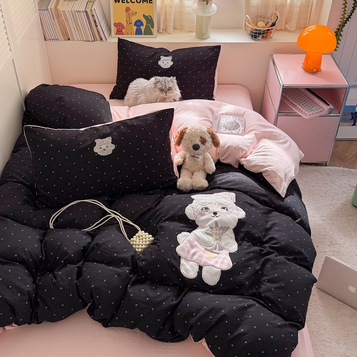 91家纺网 家纺一手货源 找家纺 美乐迪家纺 2026新款贴布绣云感双层纱四件套 比熊