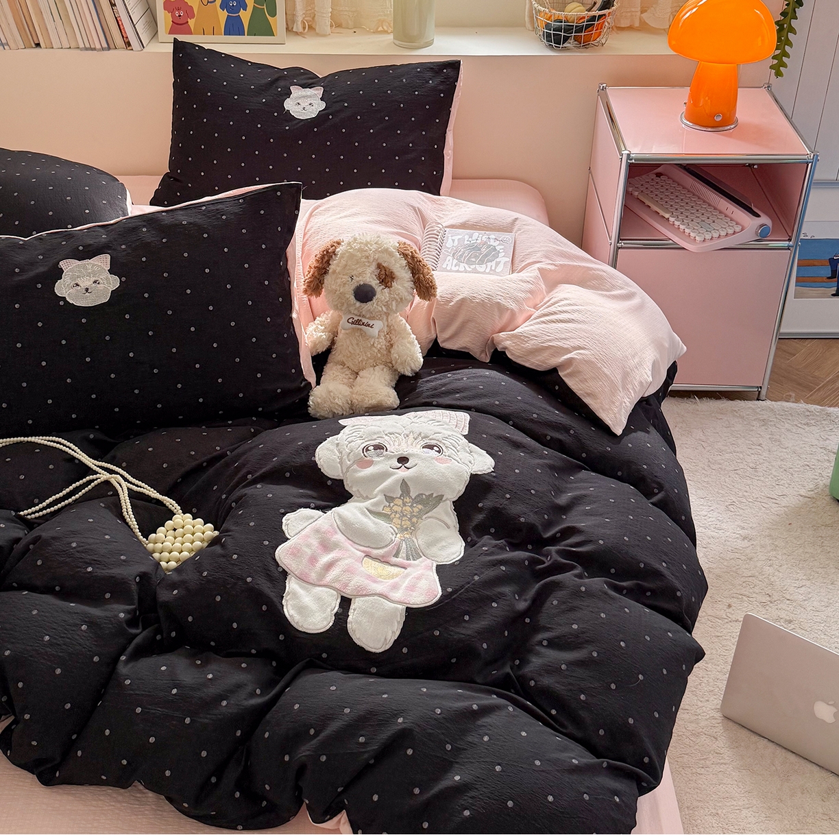 91家纺网 家纺一手货源 找家纺 美乐迪家纺 2026新款贴布绣云感双层纱四件套 比熊