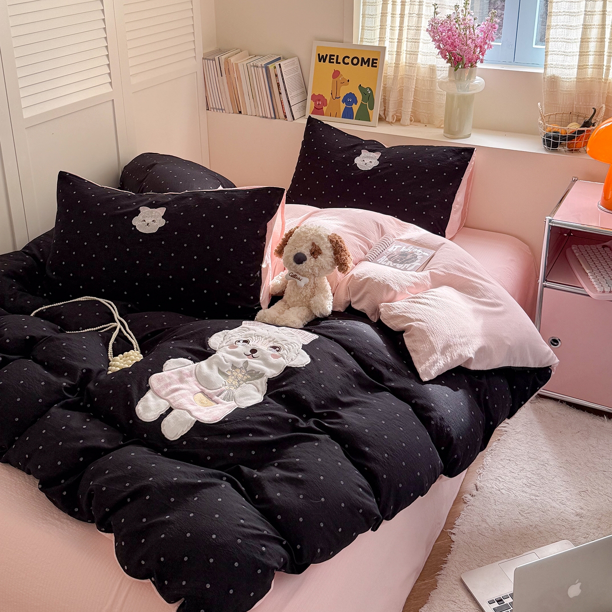 91家纺网 家纺一手货源 找家纺 美乐迪家纺 2026新款贴布绣云感双层纱四件套 比熊