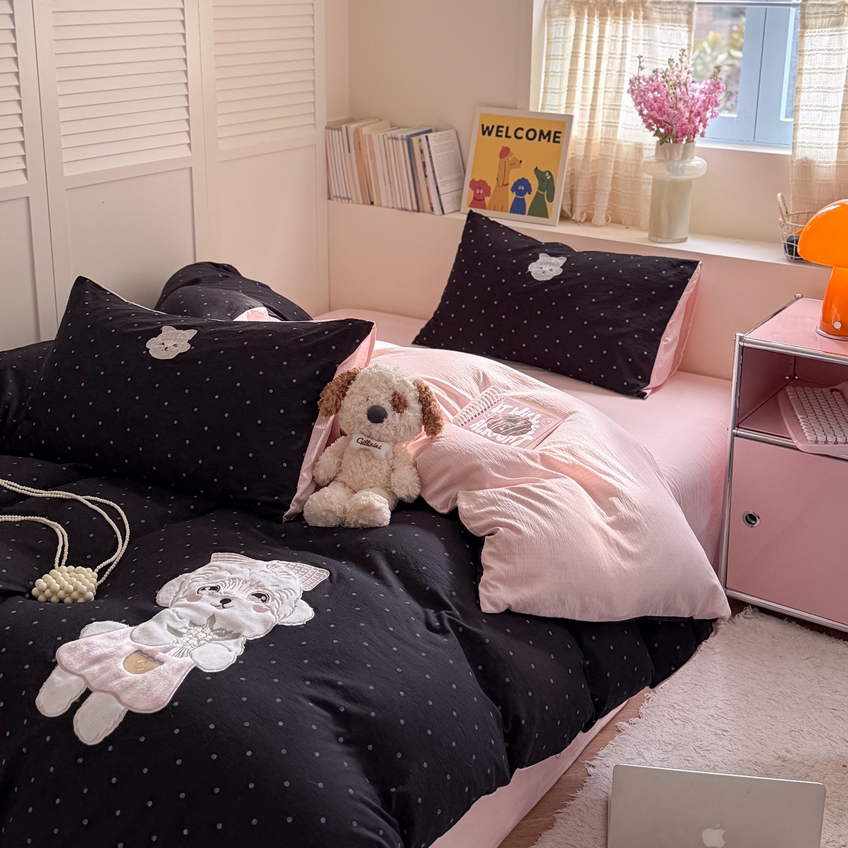 91家纺网 家纺一手货源 找家纺 美乐迪家纺 2026新款贴布绣云感双层纱四件套 比熊