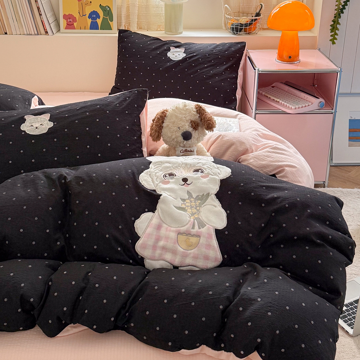 91家纺网 家纺一手货源 找家纺 美乐迪家纺 2026新款贴布绣云感双层纱四件套 比熊