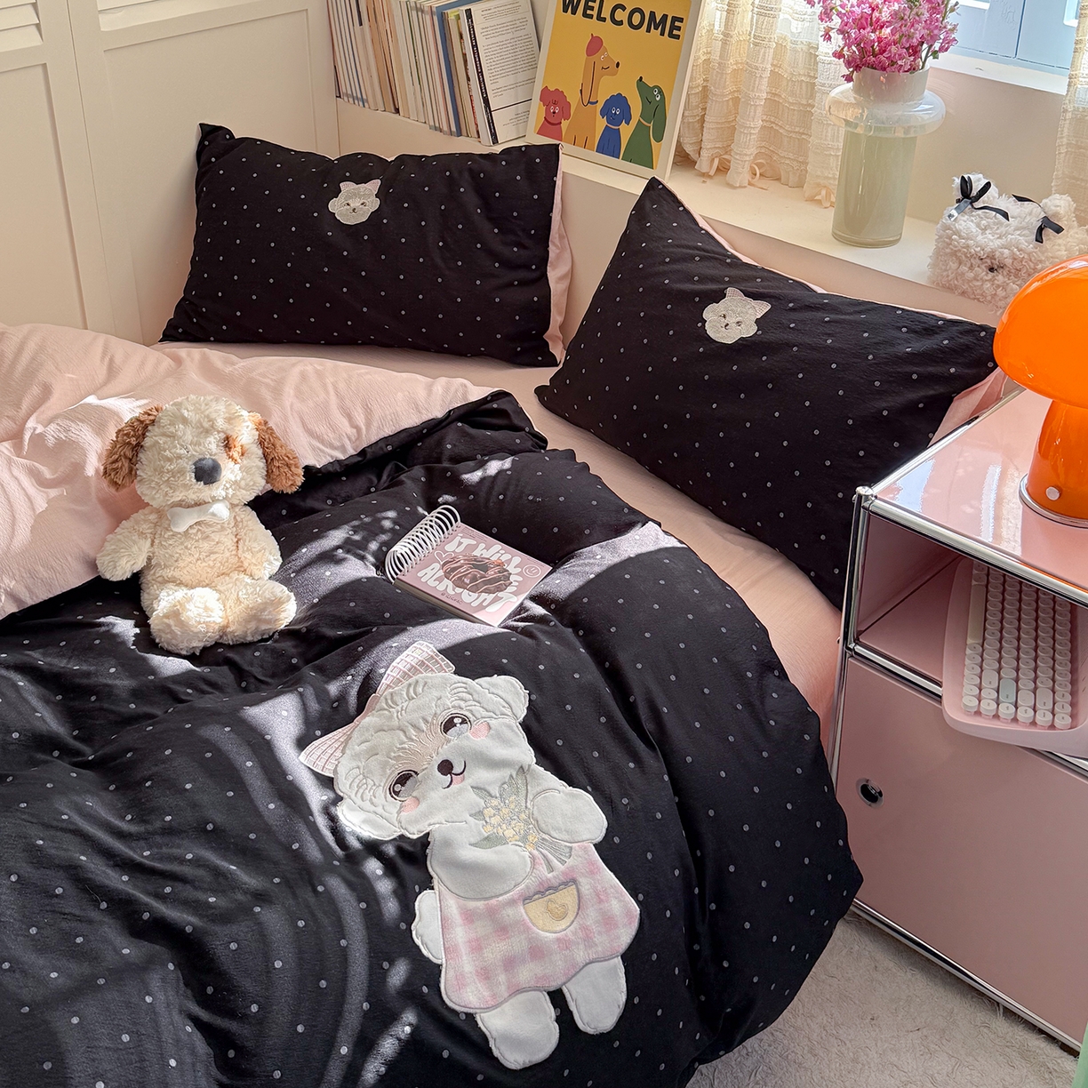 91家纺网 家纺一手货源 找家纺 美乐迪家纺 2026新款贴布绣云感双层纱四件套 比熊