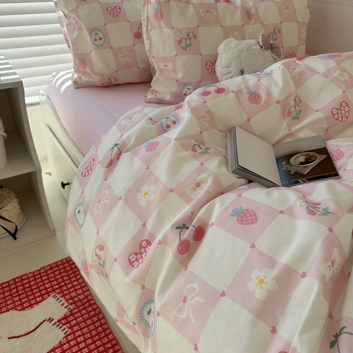 91家纺网 家纺一手货源 找家纺 （总）2026纯棉小清新ins风四件套可爱卡通被套纯色床单1.8床笠加大被套学生宿舍三件套