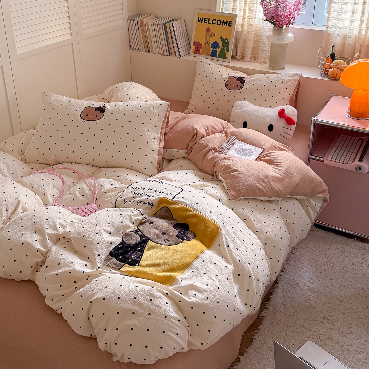 91家纺网 家纺一手货源 找家纺 美乐迪家纺 2026新款贴布绣云感双层纱四件套 躲猫猫