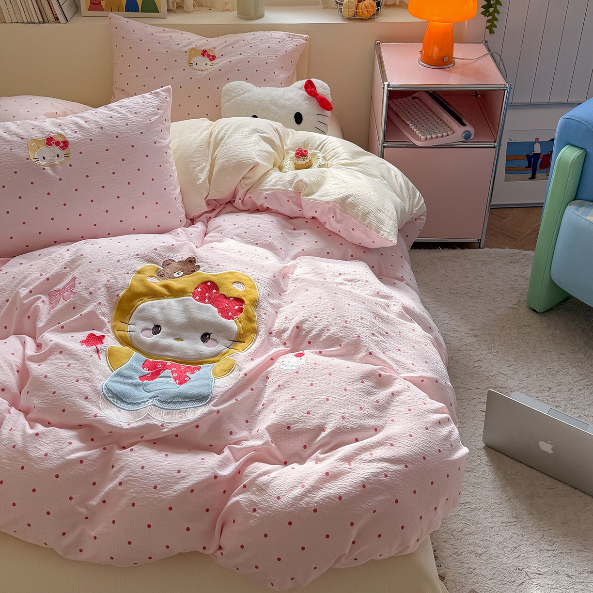 91家纺网 家纺一手货源 找家纺 美乐迪家纺 2026新款贴布绣云感双层纱四件套 头套小猫