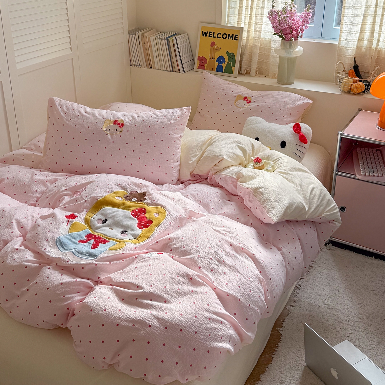 91家纺网 家纺一手货源 找家纺 美乐迪家纺 2026新款贴布绣云感双层纱四件套 头套小猫