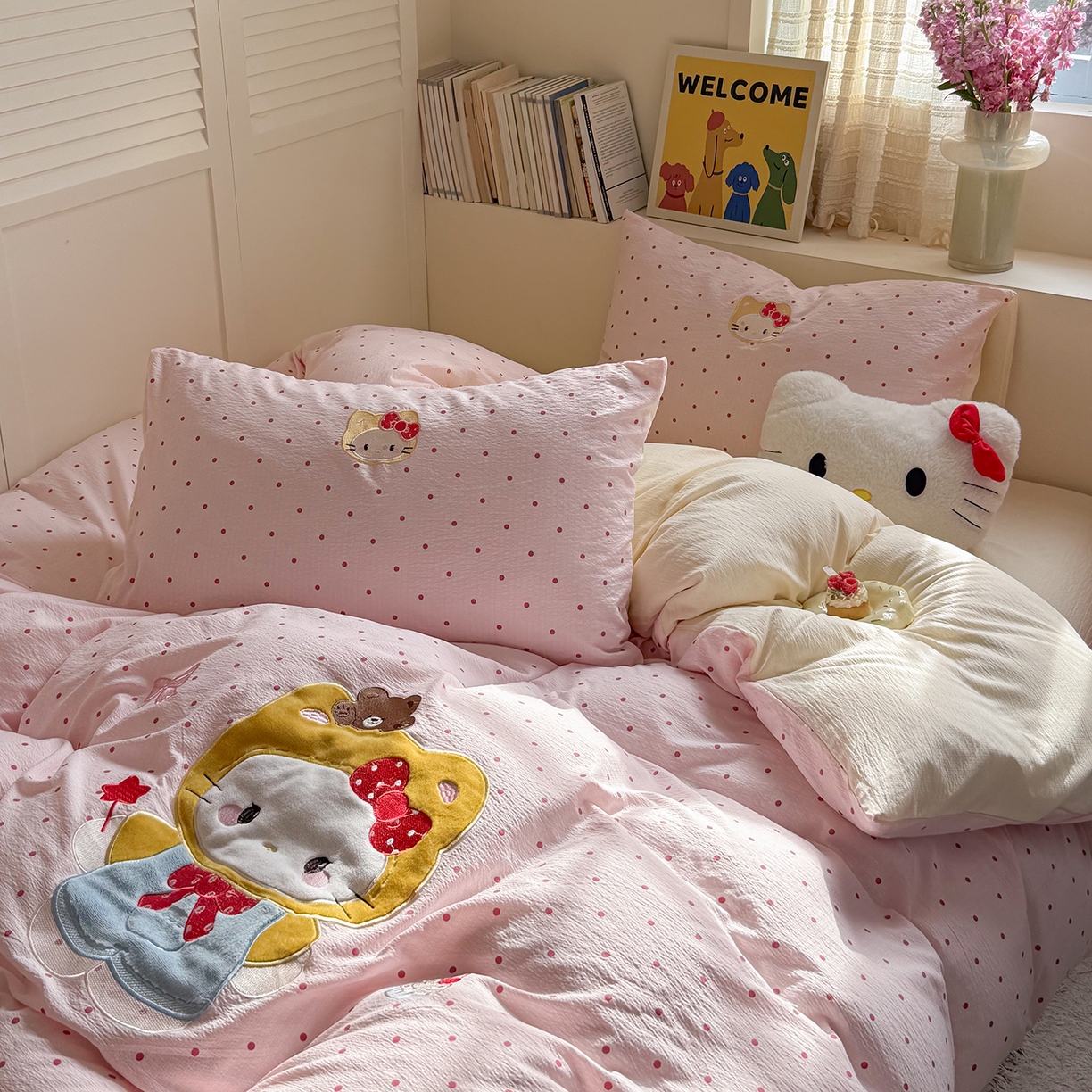 91家纺网 家纺一手货源 找家纺 美乐迪家纺 2026新款贴布绣云感双层纱四件套 头套小猫