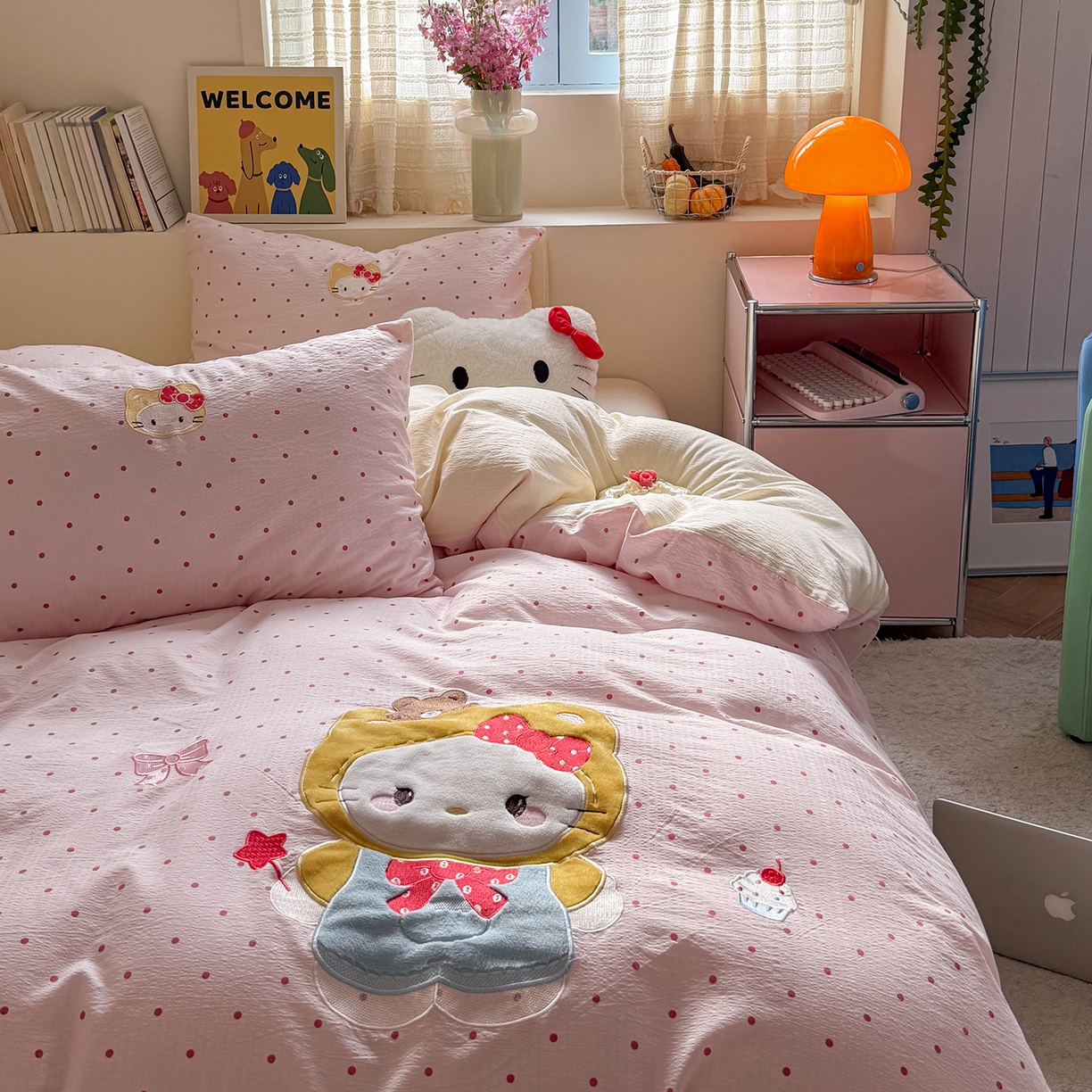 91家纺网 家纺一手货源 找家纺 美乐迪家纺 2026新款贴布绣云感双层纱四件套 头套小猫