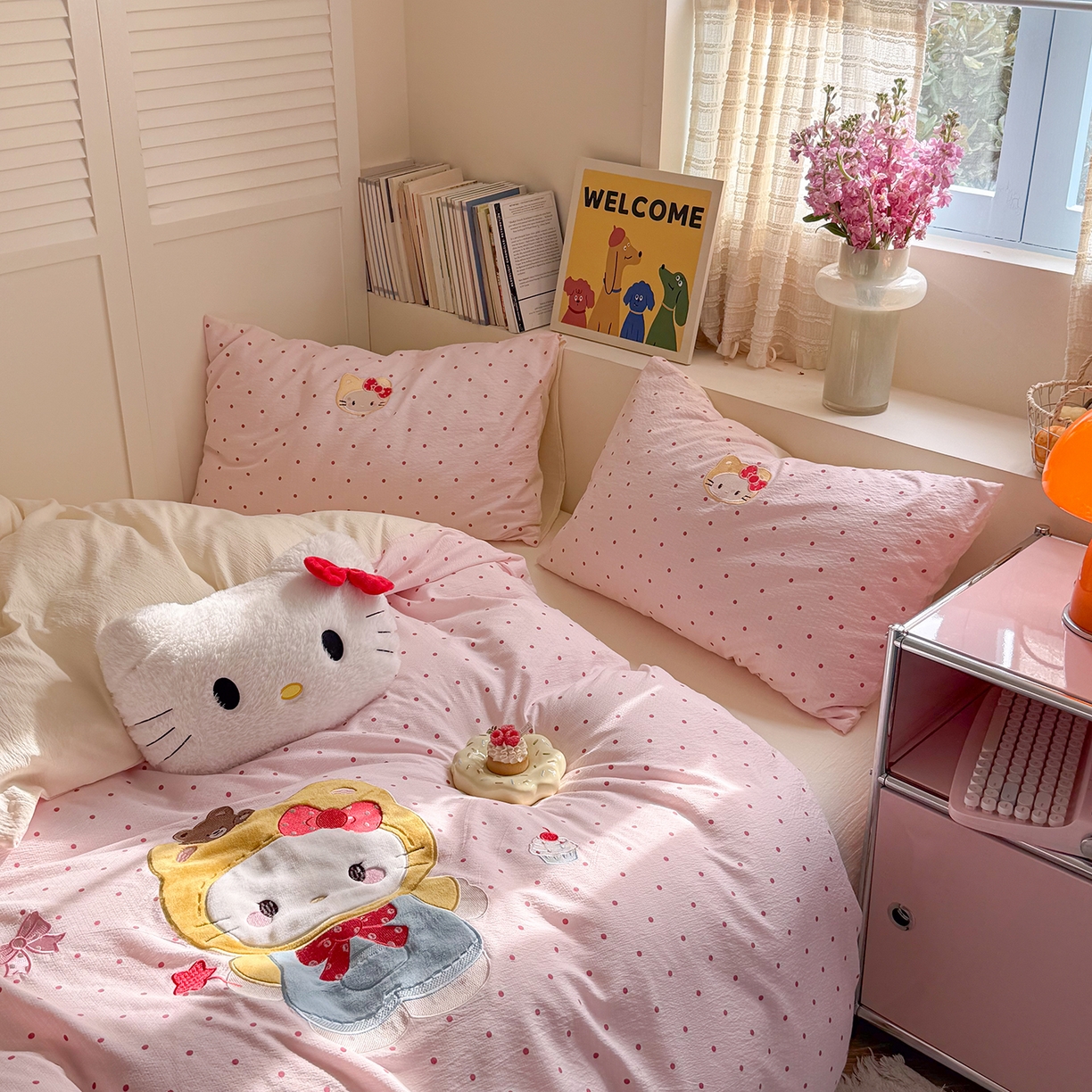 91家纺网 家纺一手货源 找家纺 美乐迪家纺 2026新款贴布绣云感双层纱四件套 头套小猫