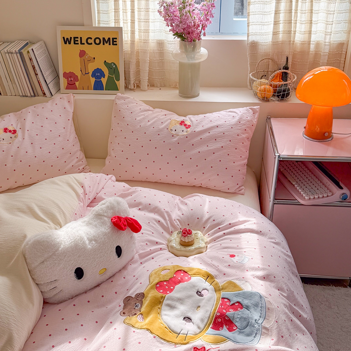 91家纺网 家纺一手货源 找家纺 美乐迪家纺 2026新款贴布绣云感双层纱四件套 头套小猫