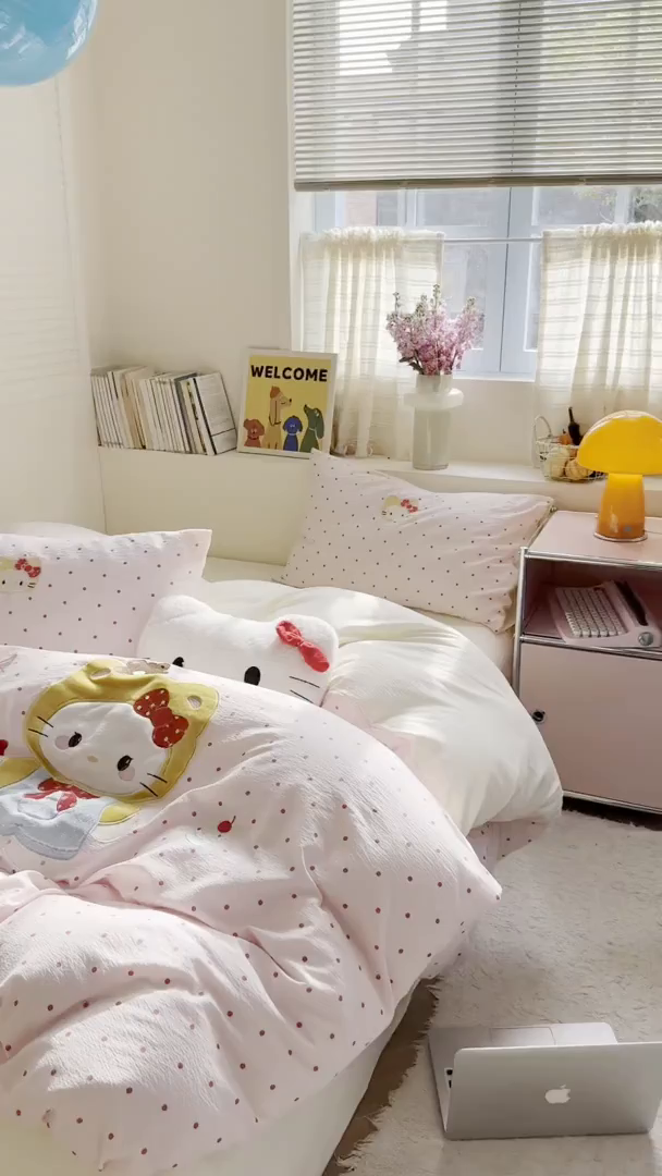 91家纺网 家纺一手货源 找家纺 美乐迪家纺 2026新款贴布绣云感双层纱四件套 头套小猫