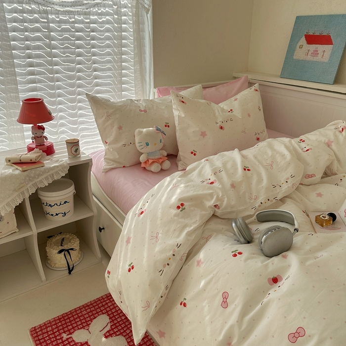 91家纺网 家纺一手货源 找家纺 2026纯棉小清新ins风四件套可爱卡通被套纯色床单1.8床笠加大被套学生宿舍三件套 糖果猫咪-芭蕾粉