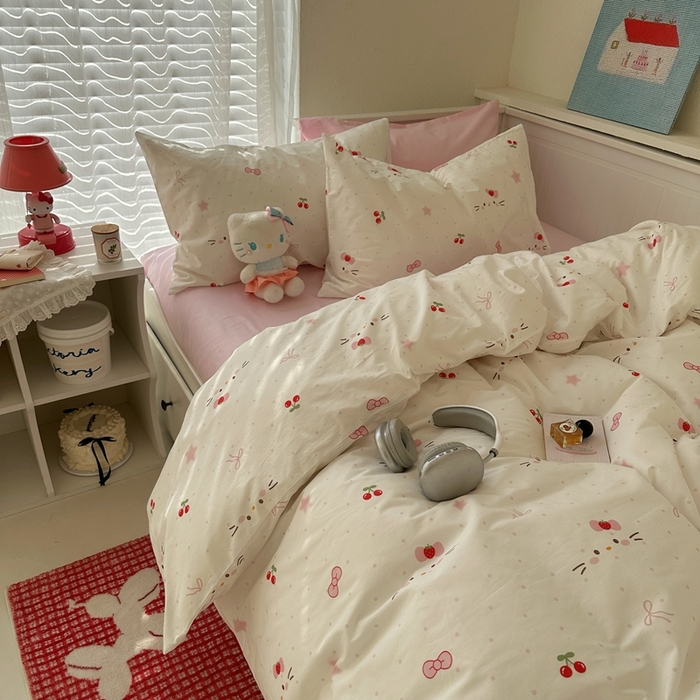 91家纺网 家纺一手货源 找家纺 2026纯棉小清新ins风四件套可爱卡通被套纯色床单1.8床笠加大被套学生宿舍三件套 糖果猫咪-芭蕾粉