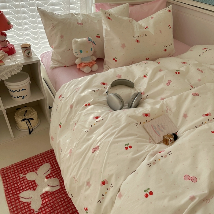 91家纺网 家纺一手货源 找家纺 2026纯棉小清新ins风四件套可爱卡通被套纯色床单1.8床笠加大被套学生宿舍三件套 糖果猫咪-芭蕾粉