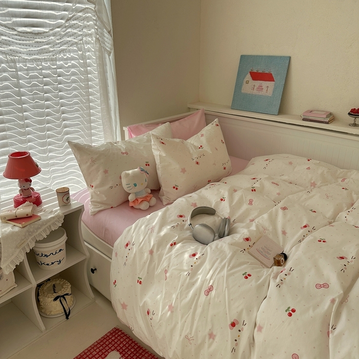 2026纯棉小清新ins风四件套可爱卡通被套纯色床单1.8床笠加大被套学生宿舍三件套 糖果猫咪-芭蕾粉