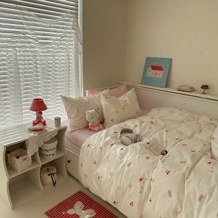91家纺网 家纺一手货源 找家纺 2026纯棉小清新ins风四件套可爱卡通被套纯色床单1.8床笠加大被套学生宿舍三件套 糖果猫咪-芭蕾粉