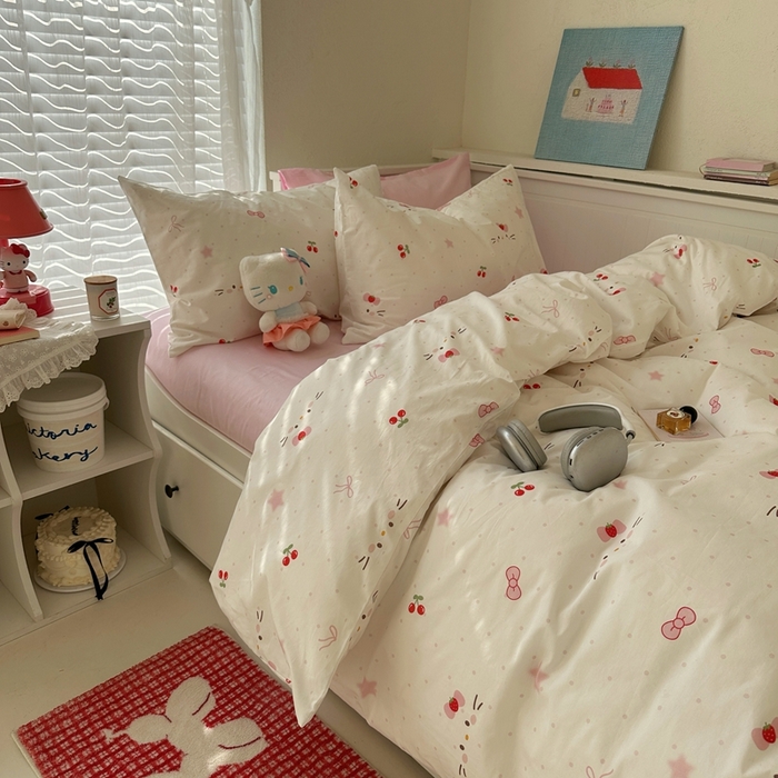 91家纺网 家纺一手货源 找家纺 2026纯棉小清新ins风四件套可爱卡通被套纯色床单1.8床笠加大被套学生宿舍三件套 糖果猫咪-芭蕾粉