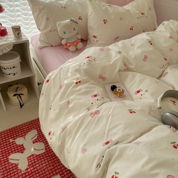 91家纺网 家纺一手货源 找家纺 2026纯棉小清新ins风四件套可爱卡通被套纯色床单1.8床笠加大被套学生宿舍三件套 糖果猫咪-芭蕾粉