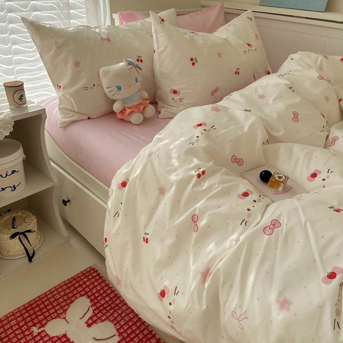 91家纺网 家纺一手货源 找家纺 2026纯棉小清新ins风四件套可爱卡通被套纯色床单1.8床笠加大被套学生宿舍三件套 糖果猫咪-芭蕾粉