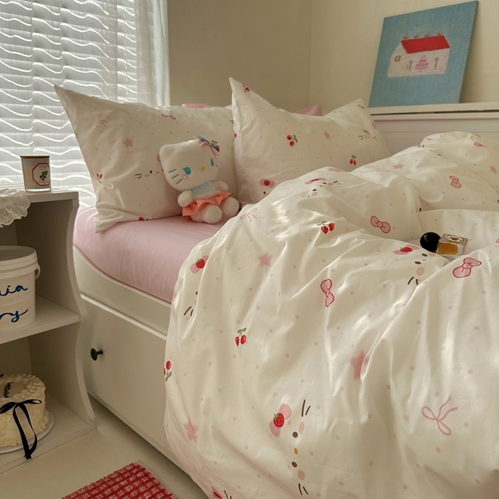 91家纺网 家纺一手货源 找家纺 2026纯棉小清新ins风四件套可爱卡通被套纯色床单1.8床笠加大被套学生宿舍三件套 糖果猫咪-芭蕾粉
