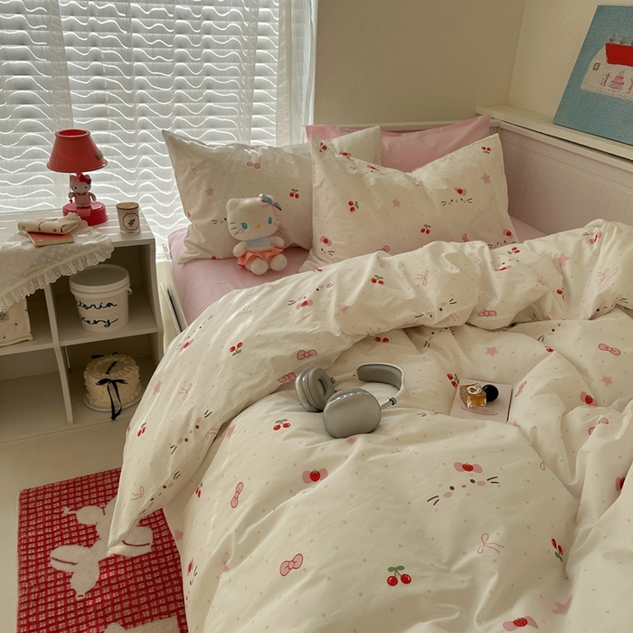 91家纺网 家纺一手货源 找家纺 2026纯棉小清新ins风四件套可爱卡通被套纯色床单1.8床笠加大被套学生宿舍三件套 糖果猫咪-芭蕾粉