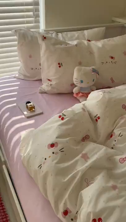 91家纺网 家纺一手货源 找家纺 2026纯棉小清新ins风四件套可爱卡通被套纯色床单1.8床笠加大被套学生宿舍三件套 糖果猫咪-芭蕾粉